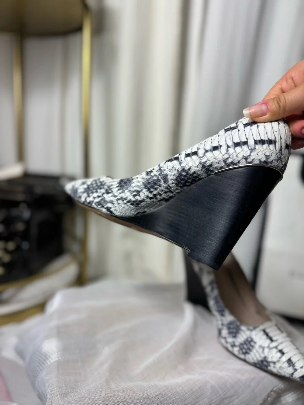 Coach Black and White Snakeskin Pointed Wedge Pumps